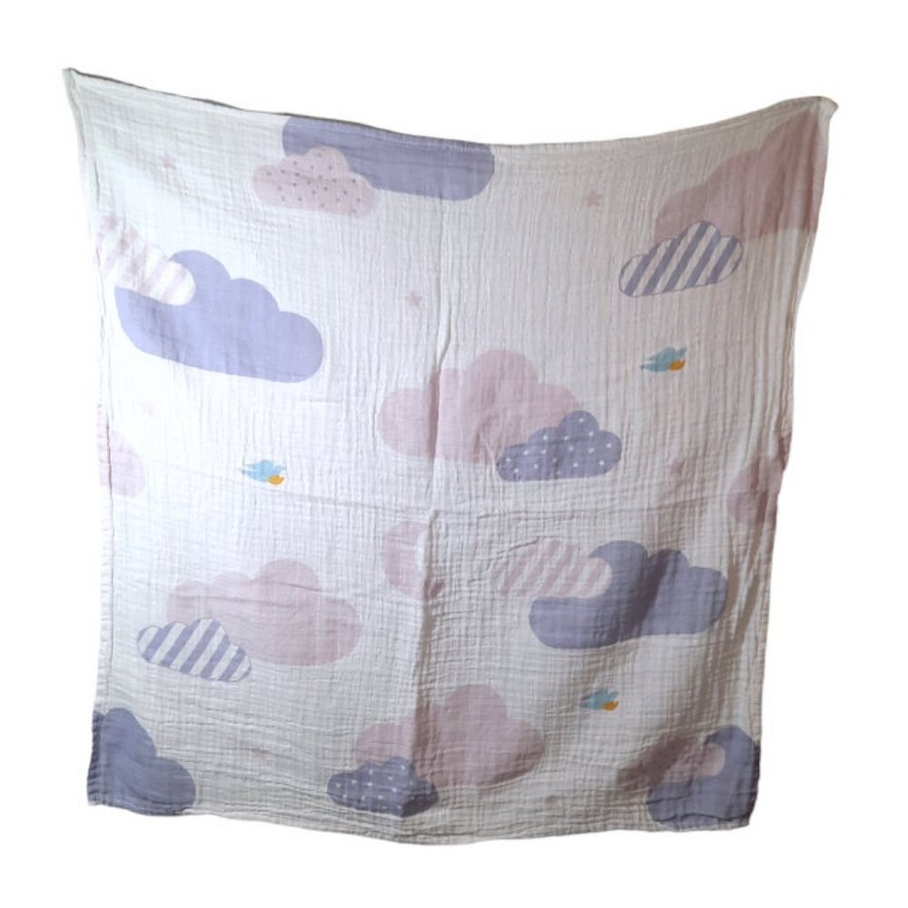 Baby Dove Purple Clouds Stars Moon Muslin Swaddle Lovey Blanket 32" X 31"